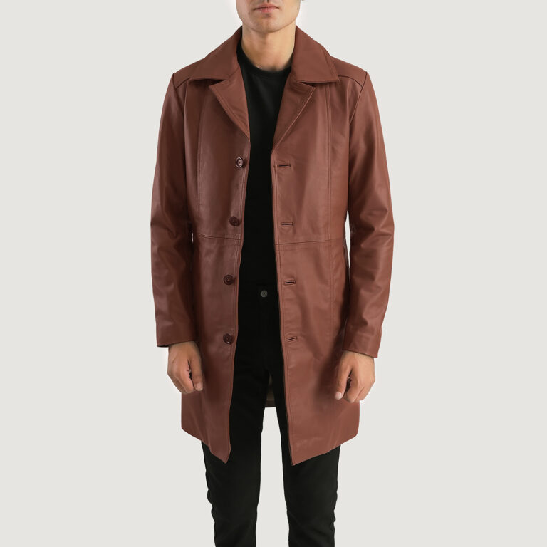 Mens Don Long Brown Leather Coat Open Front-4-1701087604477